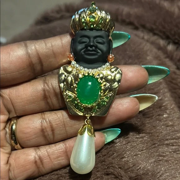 Fashion Jewelry Gold and Green Brooch with Pearl Accent - Picture 4 of 6